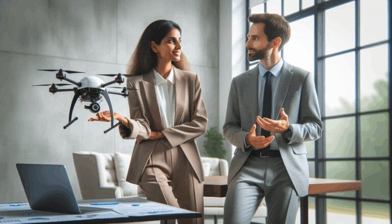 Dos emprendedores discutiendo tecnología con un dron en primer plano.