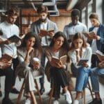 Grupo de jóvenes emprendedores leyendo y debatiendo en un espacio de coworking moderno.