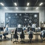 Sala de trabajo moderna con jóvenes desarrolladores colaborando frente a pantallas digitales y pizarras con esquemas tecnológicos.