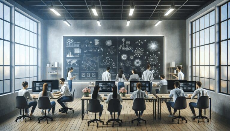 Sala de trabajo moderna con jóvenes desarrolladores colaborando frente a pantallas digitales y pizarras con esquemas tecnológicos.