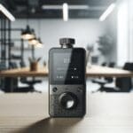 Primer plano de un dispositivo inteligente de grabación sobre una mesa de trabajo en un entorno moderno y luminoso.