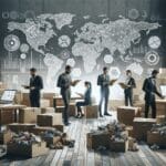 Emprendedores trabajando juntos rodeados de materiales reciclados y pantallas digitales en un espacio moderno.