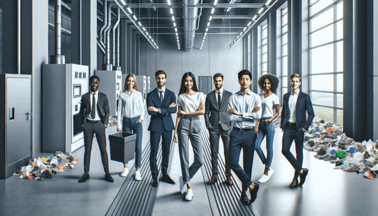 Jóvenes emprendedores trabajando en un moderno centro de reciclaje con tecnología.