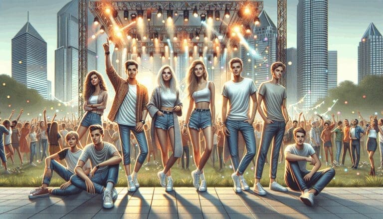 Jóvenes en un festival al aire libre, rodeados de iluminación creativa y tecnología, con la Ciudad de las Artes y las Ciencias al fondo.