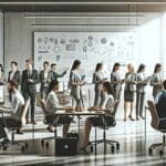 Personas colaborando en un moderno espacio de coworking, rodeados de computadoras y pizarras digitales.