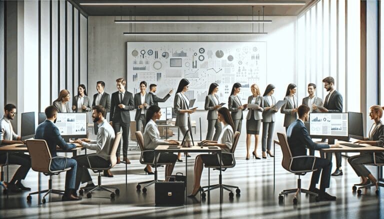 Personas colaborando en un moderno espacio de coworking, rodeados de computadoras y pizarras digitales.