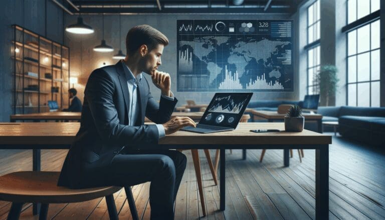 Emprendedor en un moderno espacio de coworking revisando gráficos de inversión en una laptop.