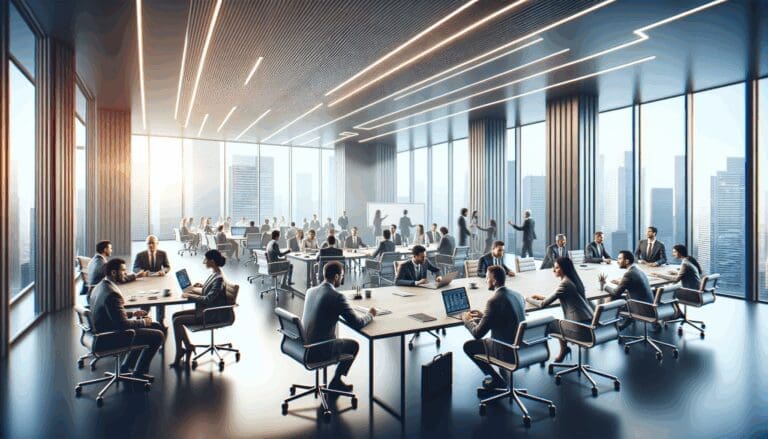 Sala de conferencias moderna con emprendedores y equipos tecnológicos colaborando.