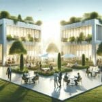 Dos centros de innovación rodeados de áreas verdes con emprendedores conversando al aire libre.