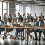 Oficina moderna con un equipo diverso de emprendedores colaborando en laptops, fondo neutro, ambiente innovador.