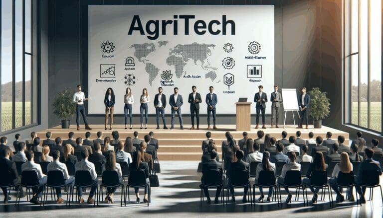 Auditorio moderno con jóvenes emprendedores presentando soluciones tecnológicas agritech frente a un público profesional.