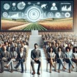 Fotografía de un grupo diverso de personas en un moderno auditorio, con fondos digitales y gráficos relacionados a la agricultura y tecnología.