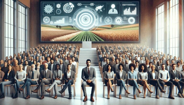 Fotografía de un grupo diverso de personas en un moderno auditorio, con fondos digitales y gráficos relacionados a la agricultura y tecnología.