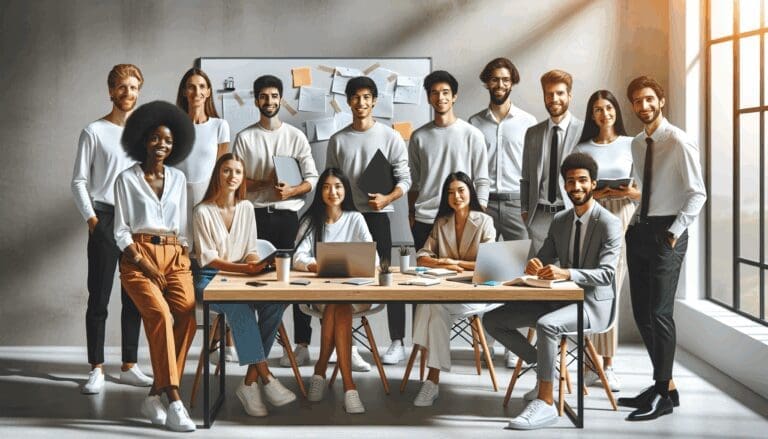 Jóvenes emprendedores colaborando en un espacio de coworking moderno, con pizarras y laptops.