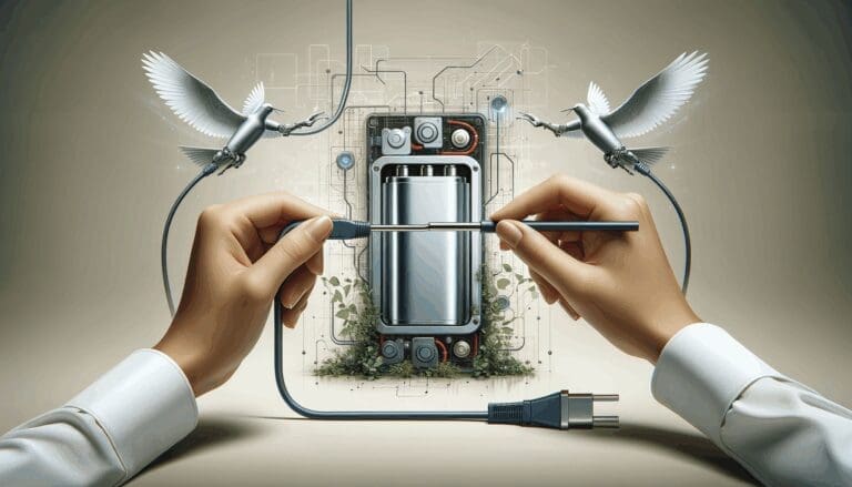 Fotografía de manos conectando una batería avanzada en un entorno tecnológico moderno.