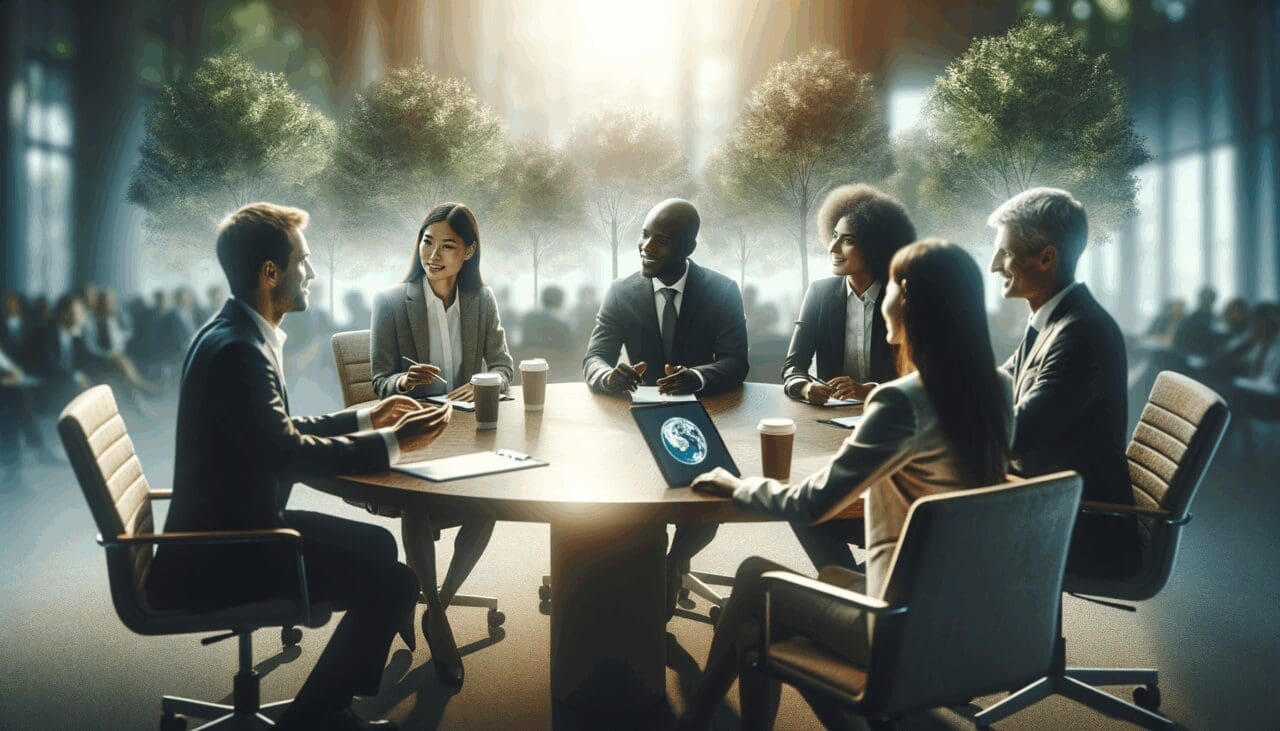 Empresarios discutiendo en una conferencia sostenible, con árboles en el fondo.