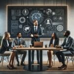 Equipo diverso discutiendo estrategias tecnológicas en una sala de reuniones moderna con pizarras digitales.