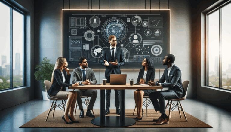 Equipo diverso discutiendo estrategias tecnológicas en una sala de reuniones moderna con pizarras digitales.