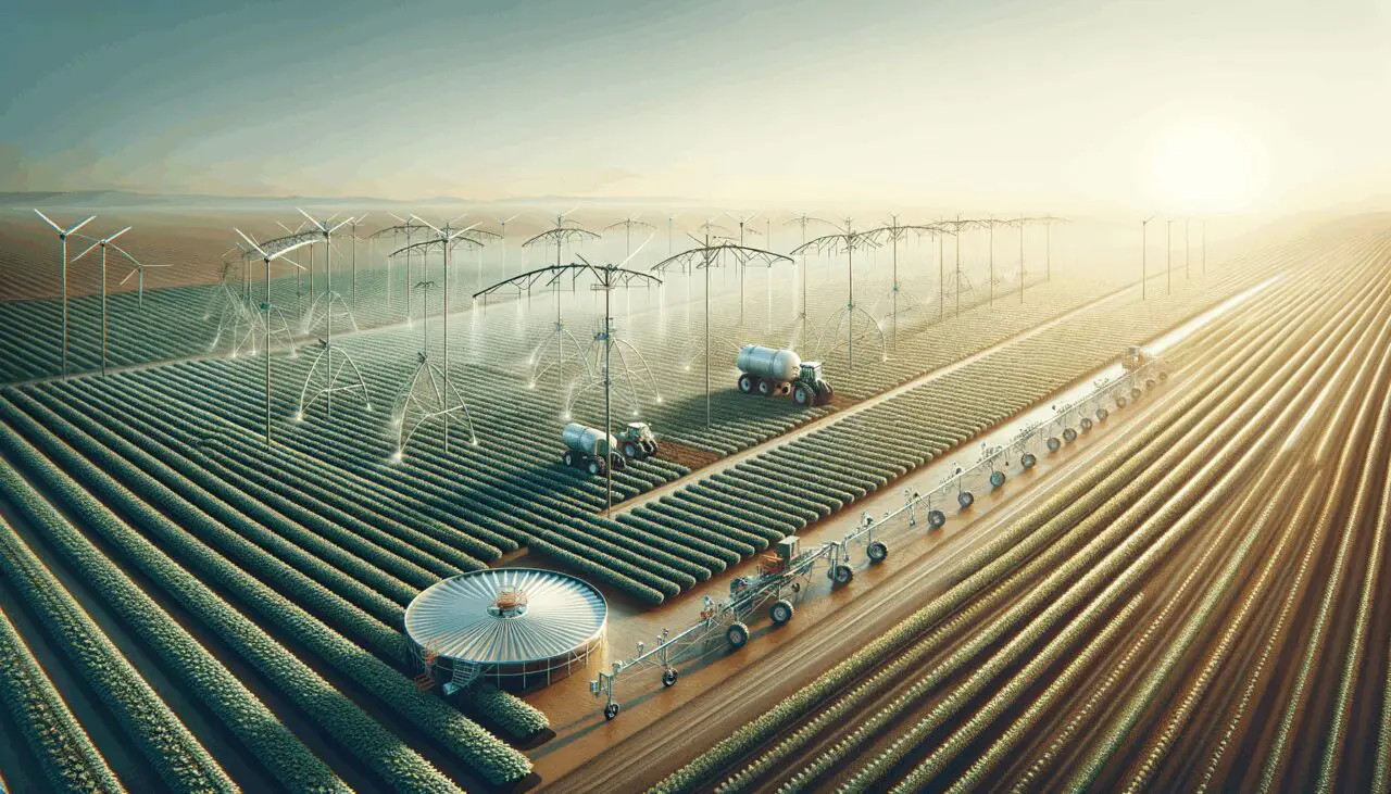 Campo agrícola visto desde arriba, con sensores de riego y equipos tecnológicos sobre cultivos.