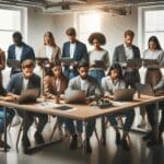 Grupo diverso de emprendedores trabajando en laptops alrededor de una mesa moderna en un coworking iluminado.