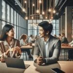 Personas conversan y colaboran en un espacio de coworking moderno, con detalles tecnológicos y luz natural.