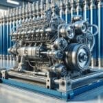 Primer plano de un motor mecánico adaptado, con fondos industriales y tubos de hidrógeno azules metálicos.