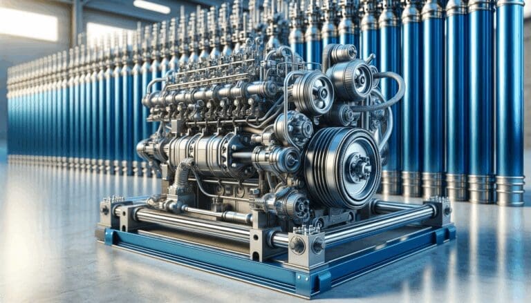 Primer plano de un motor mecánico adaptado, con fondos industriales y tubos de hidrógeno azules metálicos.