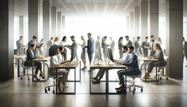 Un equipo colaborando frente a pantallas digitales en un espacio de cowork moderno y luminoso.