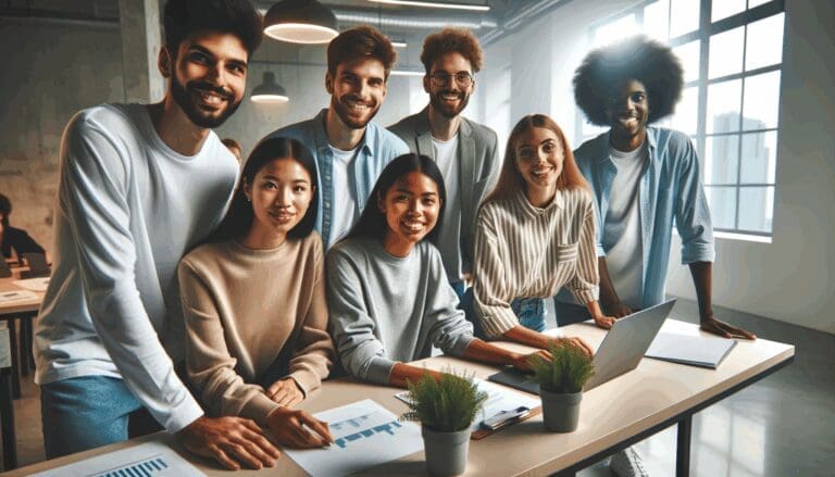 Jóvenes emprendedores colaborando en un espacio de coworking moderno.