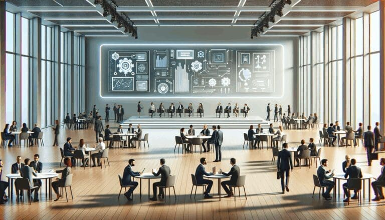Salón de eventos moderno con emprendedores dialogando y pantallas mostrando gráficos tecnológicos.