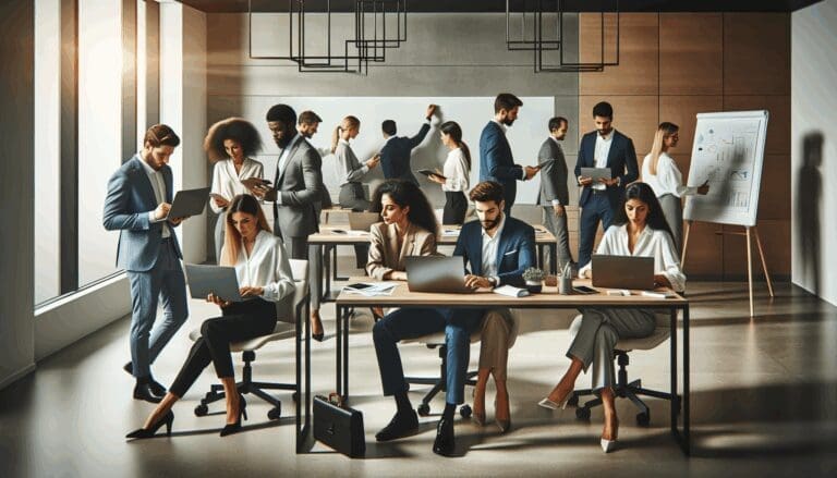 Grupo diverso de emprendedores colaborando en una oficina moderna con laptops y pizarras digitales.