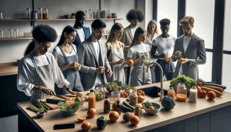Grupo de jóvenes emprendedores en una cocina moderna preparando alimentos saludables.