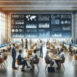 Emprendedores reunidos en un espacio de coworking moderno con pantallas mostrando gráficos digitales.