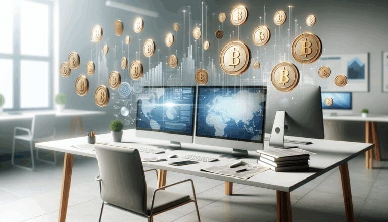 Gráfica digital de monedas virtuales flotando sobre computadoras en una oficina moderna.