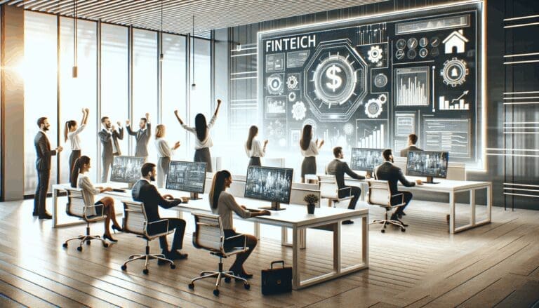 Oficinas de una fintech moderna con tecnología digital y personas colaborando