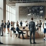 Ejecutivos y atletas reunidos en una moderna sala de coworking, laptops y pizarras digitales al fondo.