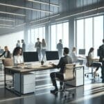 Oficinas modernas con equipos de trabajo colaborando en proyectos tecnológicos.