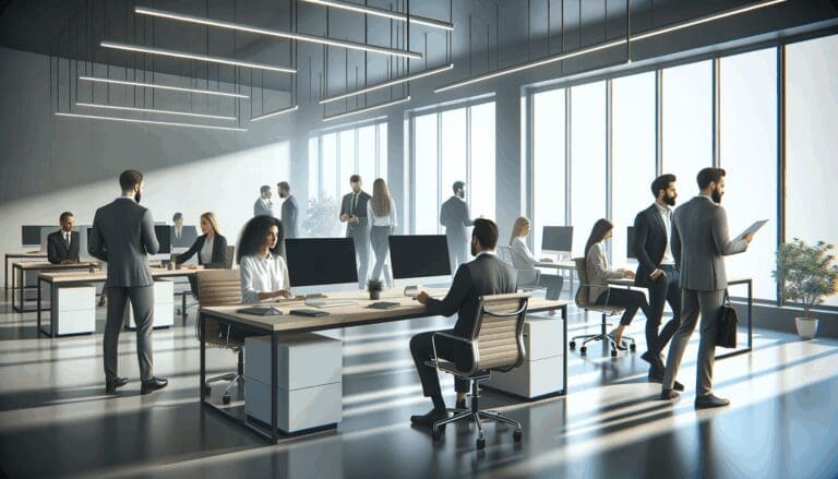 Oficinas modernas con equipos de trabajo colaborando en proyectos tecnológicos.