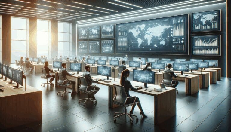 Fotografía editorial de oficinas modernas con empleados trabajando en computadores y pantallas con gráficos tecnológicos.