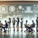 Ilustración de jóvenes profesionales colaborando frente a pantallas digitales con gráficos de criptomonedas en una oficina moderna.