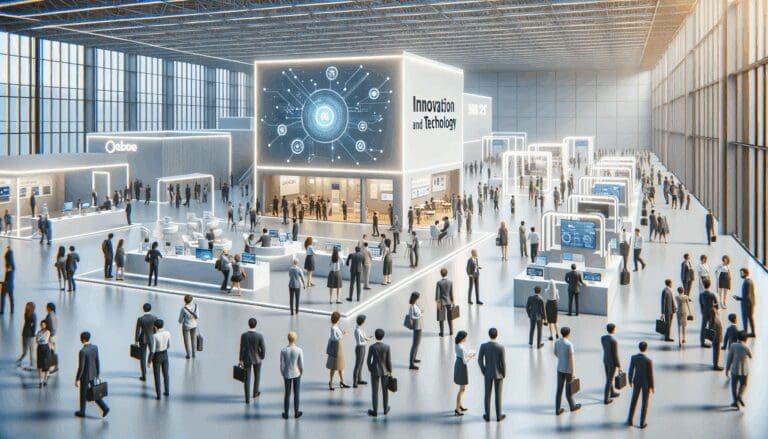 Escena de un pabellón expositivo moderno con personas interactuando en stands de innovación y tecnología.
