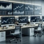 Oficina moderna con computadoras y gráficos de trading en pantallas, ambiente profesional y tecnológico.