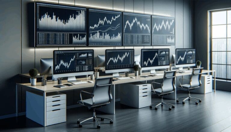 Oficina moderna con computadoras y gráficos de trading en pantallas, ambiente profesional y tecnológico.