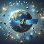 Ilustración conceptual de un satélite en órbita baja alrededor de la Tierra con destellos tecnológicos.