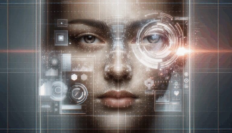 Primer plano de un rostro frente a una pantalla, datos y gráficos digitales resaltando expresiones faciales.