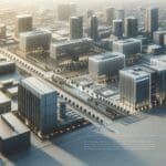 Vista aérea de un campus tecnológico con edificios modernos