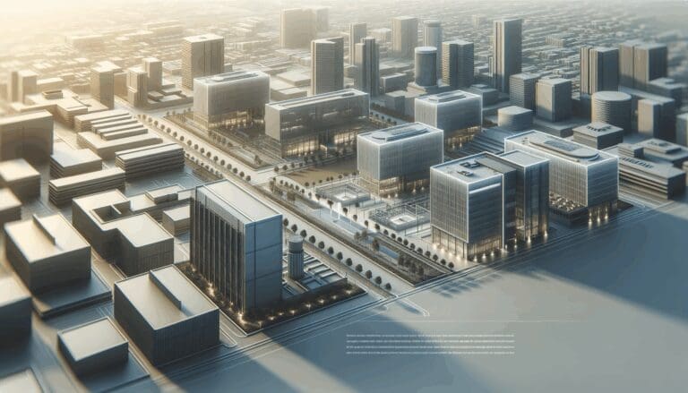 Vista aérea de un campus tecnológico con edificios modernos