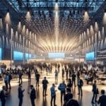 Salón principal de un evento tecnológico lleno de emprendedores latinoamericanos interactuando, con luces modernas y un ambiente inspirador.