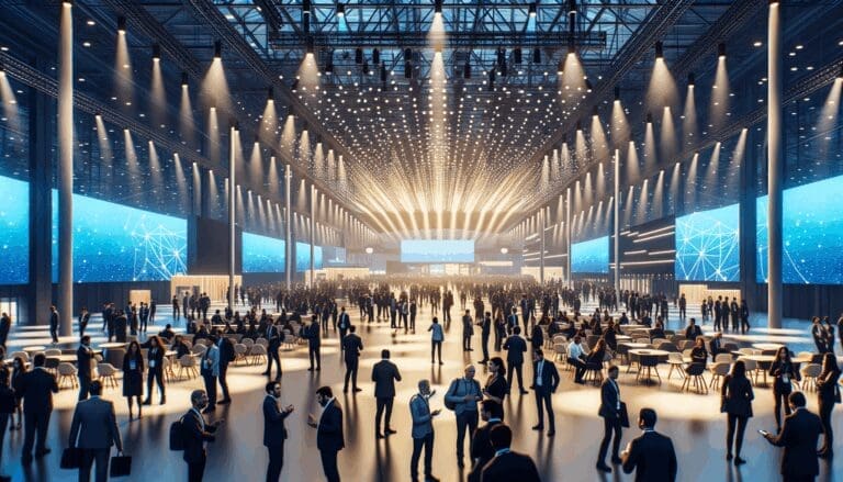 Salón principal de un evento tecnológico lleno de emprendedores latinoamericanos interactuando, con luces modernas y un ambiente inspirador.