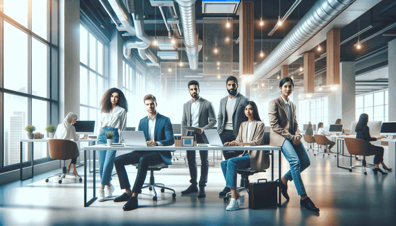 Grupo diverso de emprendedores trabajando juntos en un espacio de coworking moderno, con elementos tecnológicos y ambiente luminoso.